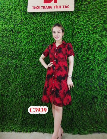 Đầm suông cổ sơ mi màu đỏ - C3939