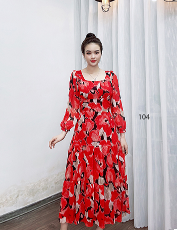 Đầm maxi  tầng hoa đen đỏ - D104