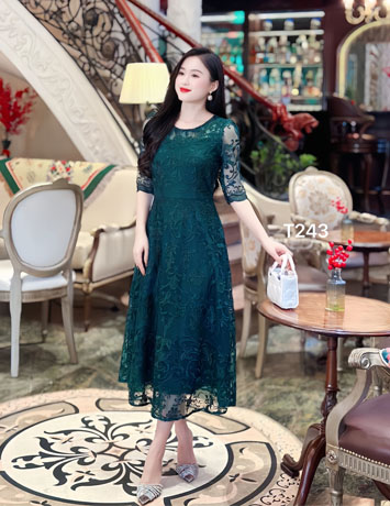 Đầm xòe ren thêu màu xanh rêu - D243