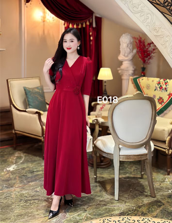 Đầm maxi eo đính hoa kết đá pha lê Màu Đỏ - E018