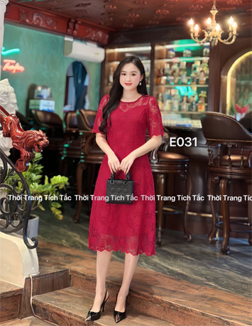 Đầm suông A ren hoa mai màu ĐỎ - E031