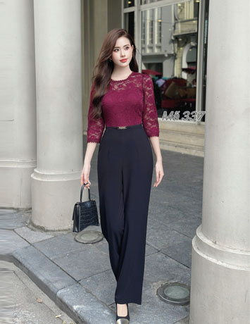 Jumpsuit phối áo ren màu Đỏ - E337