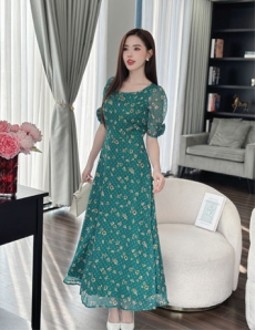 Đầm maxi voan tơ thêu tay đính hoa nền màu XANH - E373