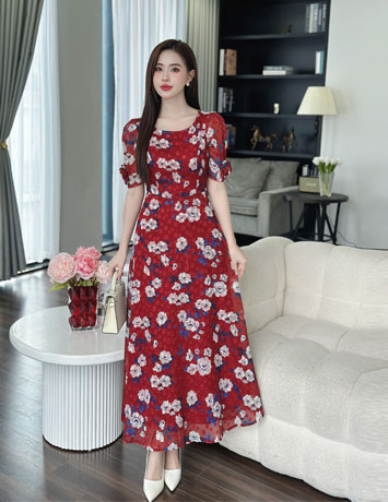 Đầm maxi voan tơ thêu tay đính hoa nền màu ĐỎ - E374