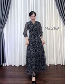 Đầm maxi cổ cột nơ nền đen hoa nhí xanh - E399