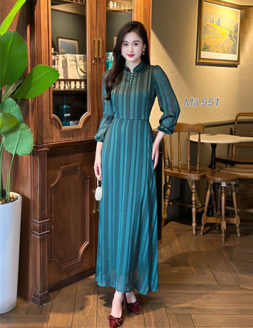 Đầm maxi cổ trụ màu Xanh Rêu- E551