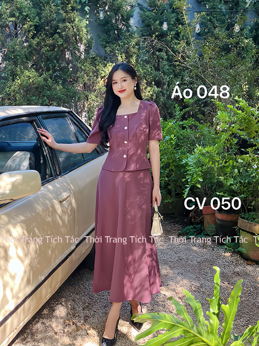 Ao kieu co vuong dinh nut mau hong tim e048 4