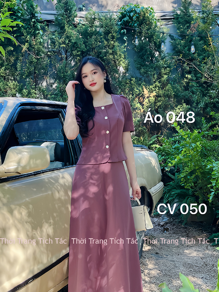 Ao kieu co vuong dinh nut mau hong tim e048 5