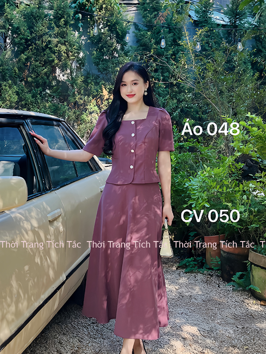 Ao kieu co vuong dinh nut mau hong tim e048 7