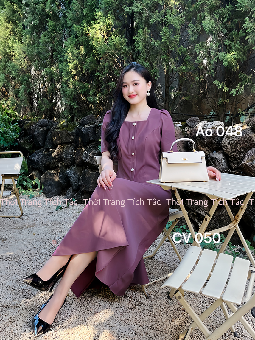 Ao kieu co vuong dinh nut mau hong tim e048 9