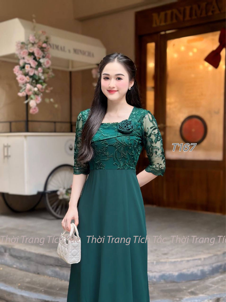 Dam xoe phoi ao ren co vuong chan vay tam y xanh la dam e167 1