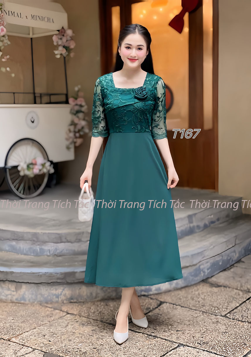 Dam xoe phoi ao ren co vuong chan vay tam y xanh la dam e167 4