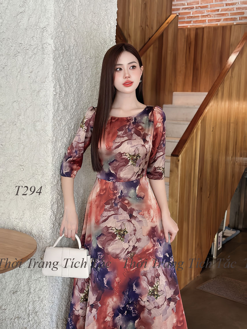 Dam maxi lua hong kong hoa 3d tong mau nau e294 1