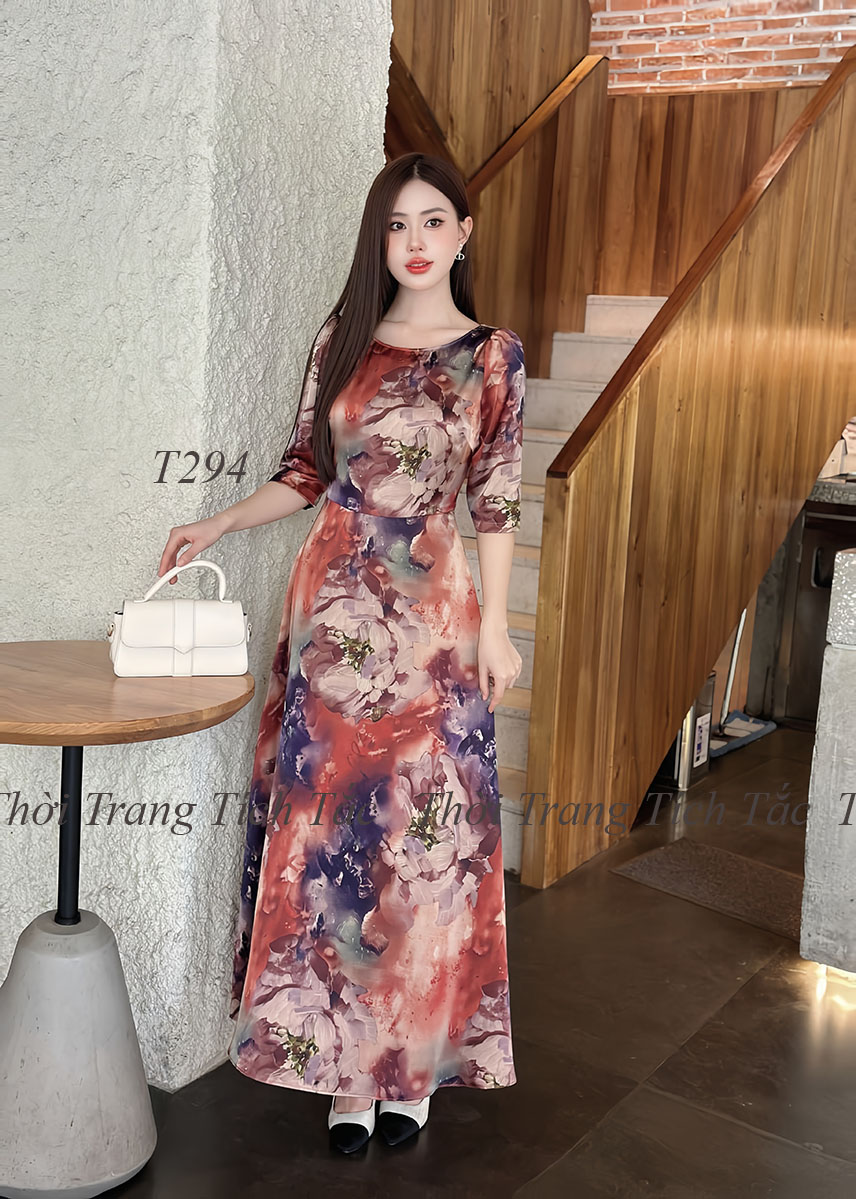 Dam maxi lua hong kong hoa 3d tong mau nau e294 10