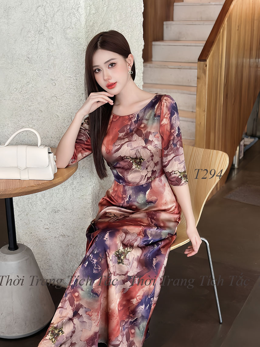 Dam maxi lua hong kong hoa 3d tong mau nau e294 3