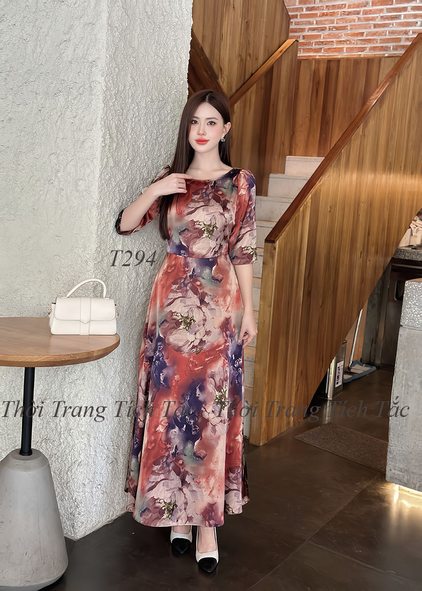 Dam maxi lua hong kong hoa 3d tong mau nau e294 4