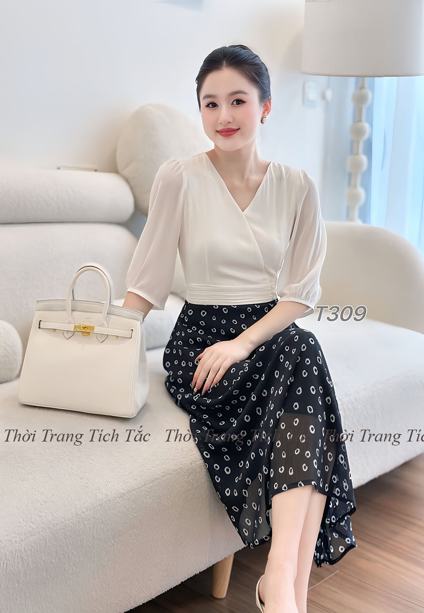 Dam xoe phoi ao trang chan vay voan den hoa tiet trang e309 1