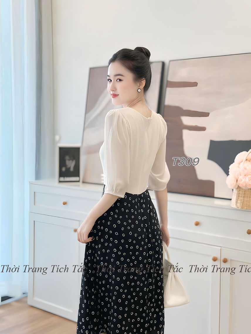 Dam xoe phoi ao trang chan vay voan den hoa tiet trang e309 2