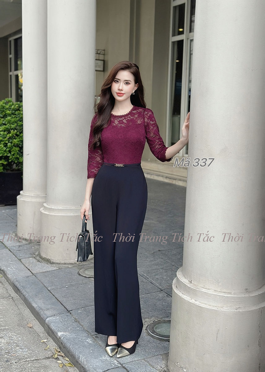 Jumpsuit phoi ao ren mau do e337 3